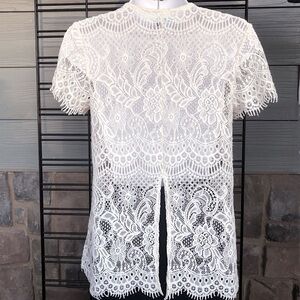 Maurices Womens Cream White Lace Crochet Short Sleeve Open Back Top Sz Small